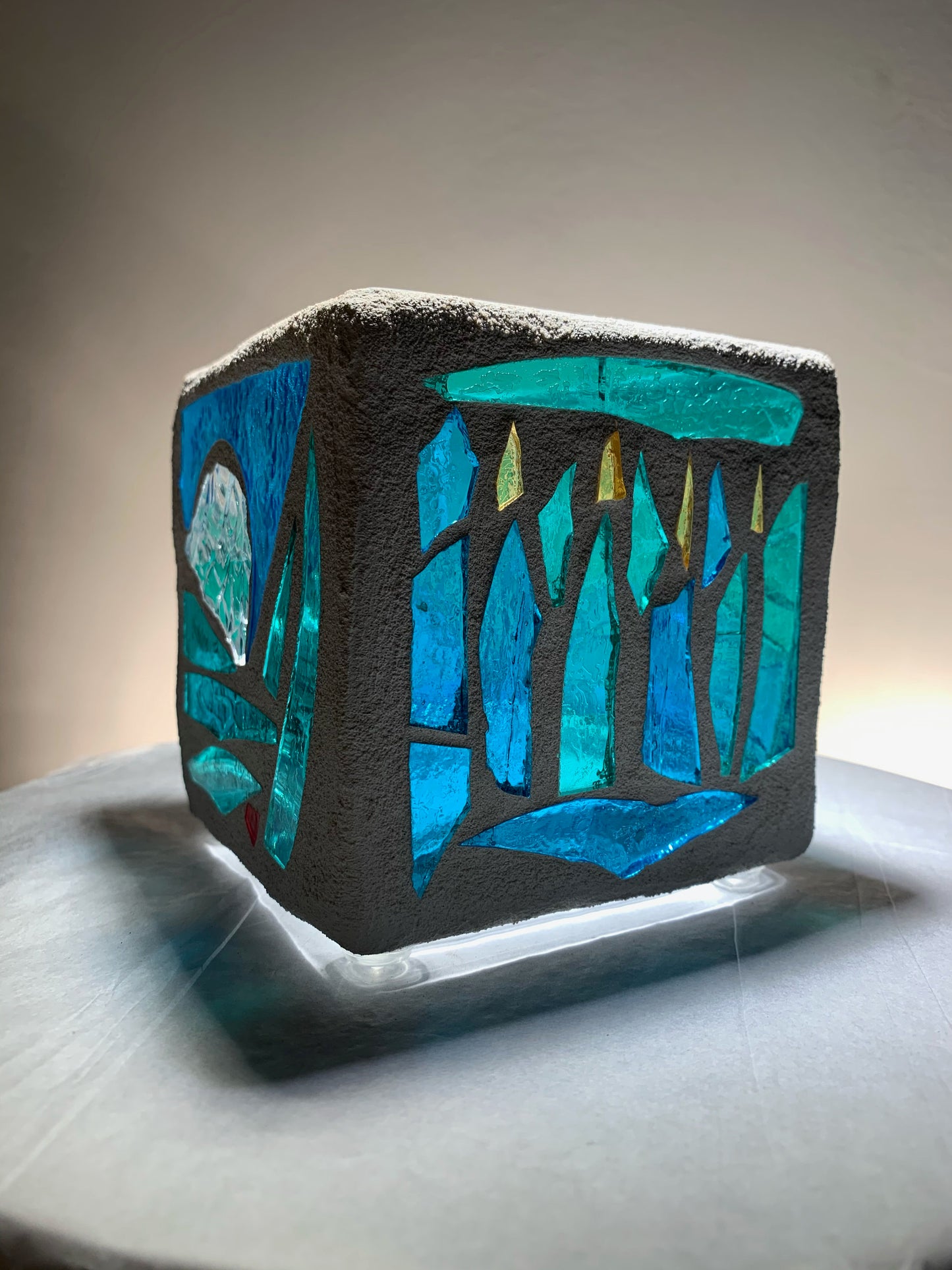 "Swimming Candle" Cathedral Candleholder – Custom Stained Glass in Sea Green, Blue, and Yellow