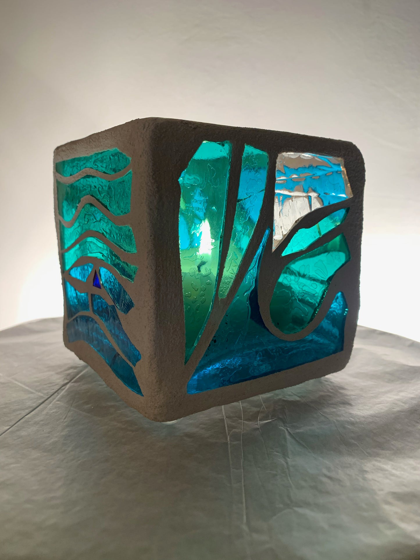 "Swimming Candle" Cathedral Candleholder – Custom Stained Glass in Sea Green, Blue, and Yellow