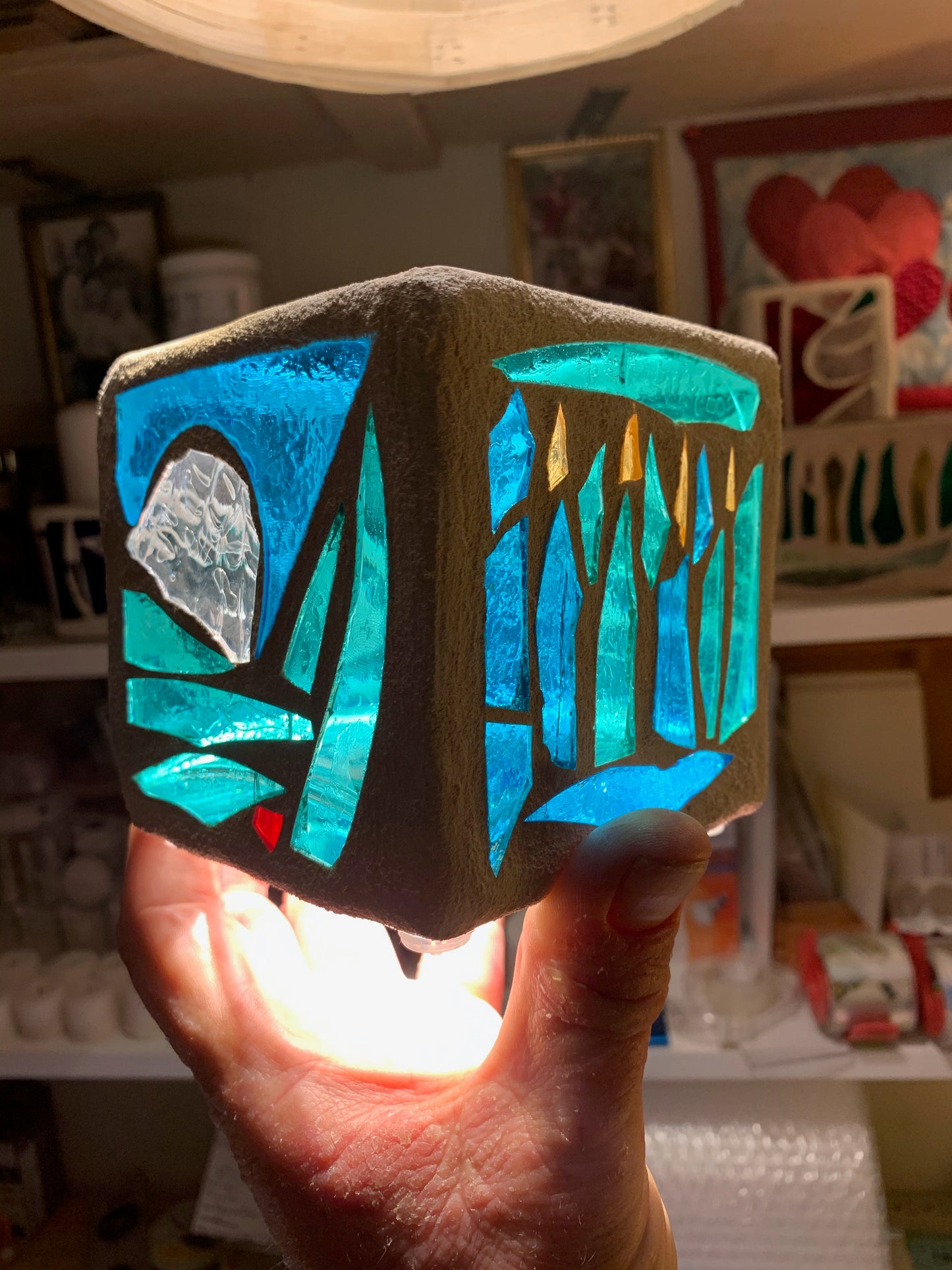 "Swimming Candle" Cathedral Candleholder – Custom Stained Glass in Sea Green, Blue, and Yellow