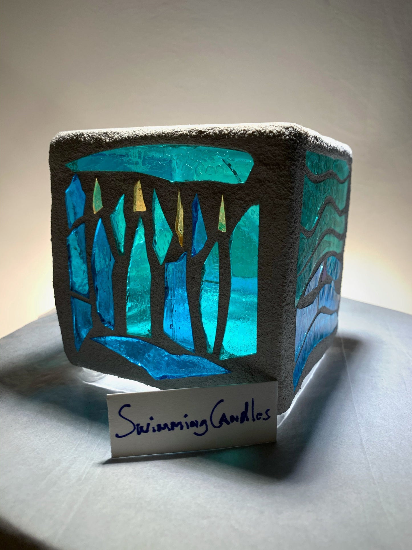 "Swimming Candle" Cathedral Candleholder – Custom Stained Glass in Sea Green, Blue, and Yellow