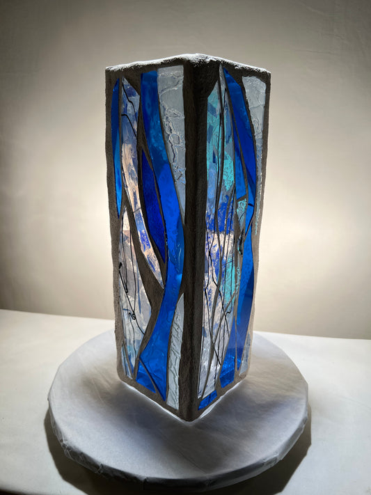 "Blue Rain" Stained Glass Candle Holder – 12” Tall, Blue and Clear Crystal Glass with Arctic White Grout | Cathedral Candles