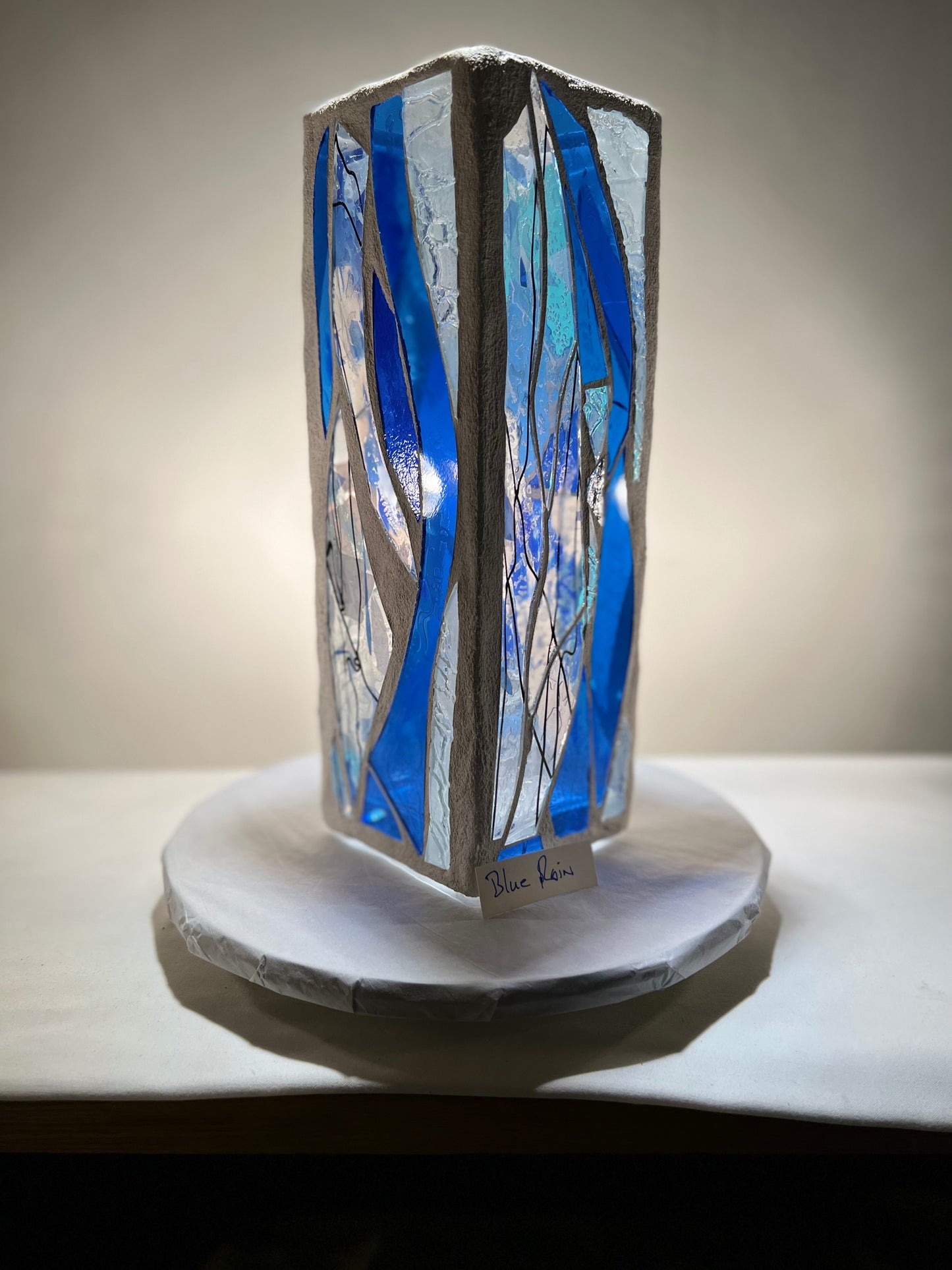 "Blue Rain" Stained Glass Candle Holder – 12” Tall, Blue and Clear Crystal Glass with Arctic White Grout | Cathedral Candles