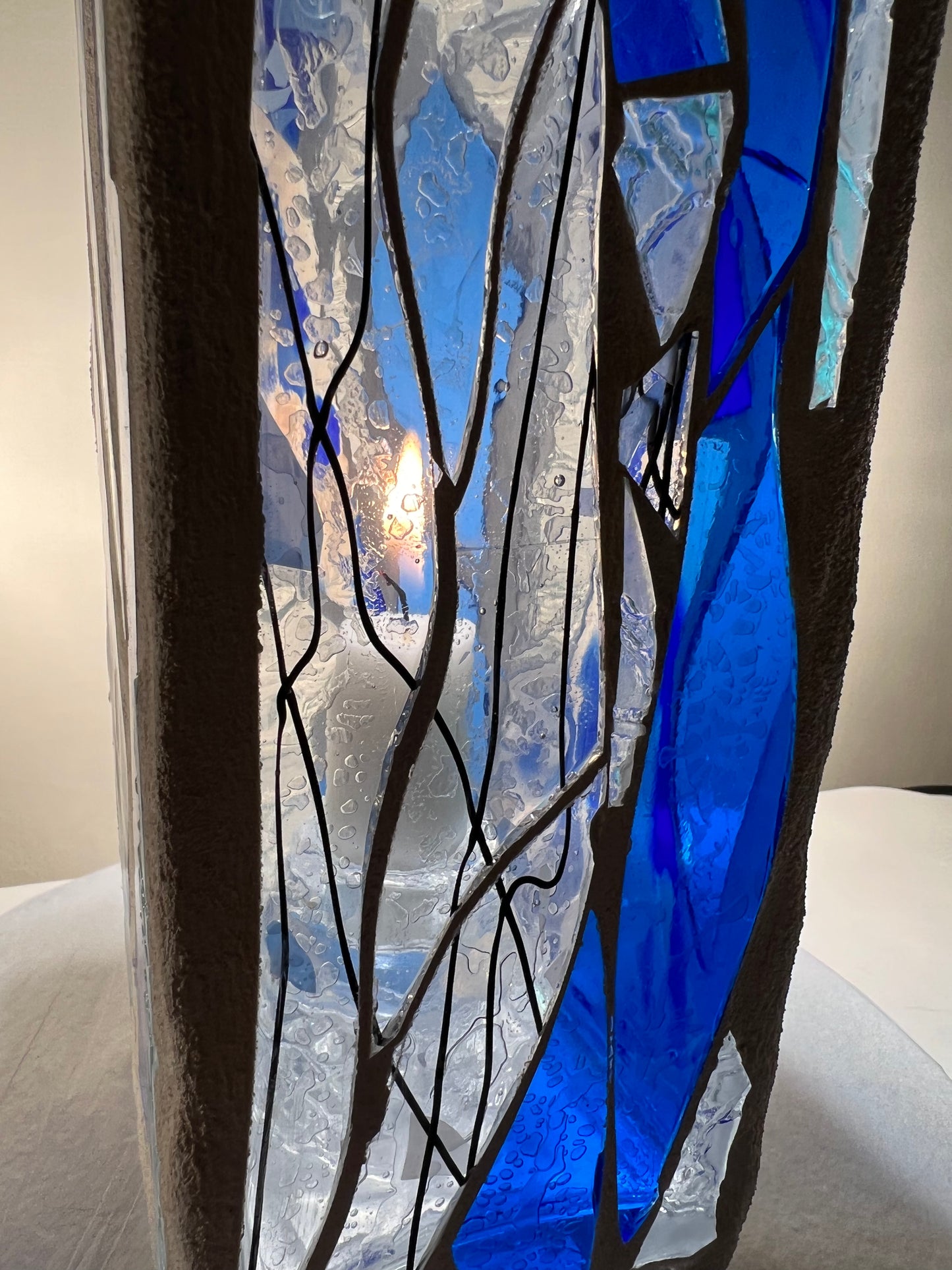 "Blue Rain" Stained Glass Candle Holder – 12” Tall, Blue and Clear Crystal Glass with Arctic White Grout | Cathedral Candles