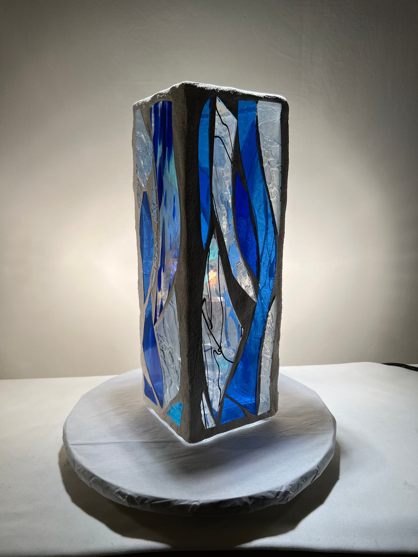 "Blue Rain" Stained Glass Candle Holder – 12” Tall, Blue and Clear Crystal Glass with Arctic White Grout | Cathedral Candles