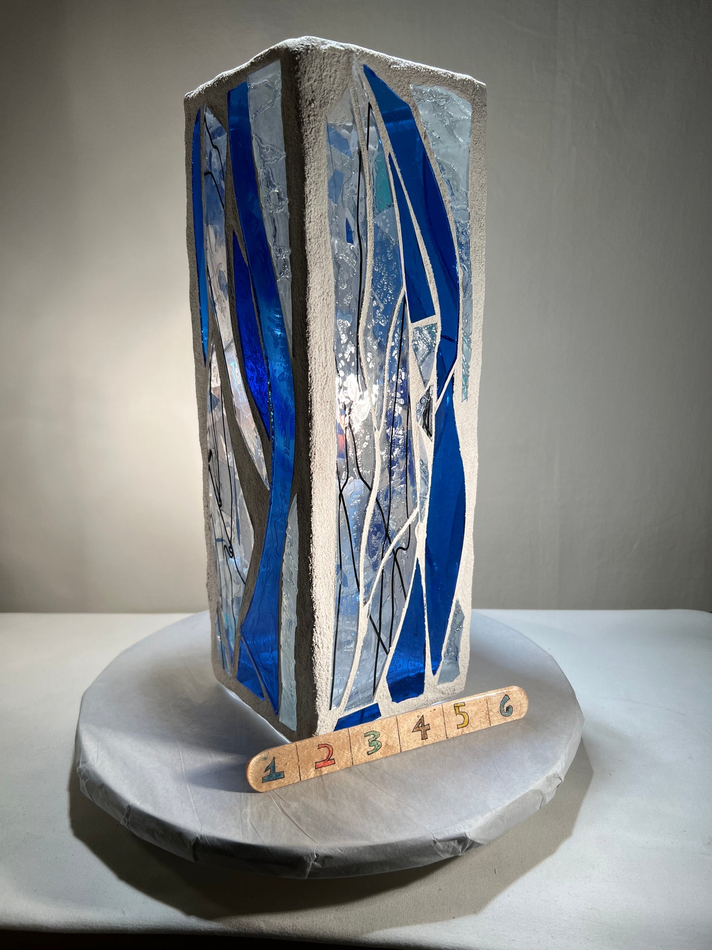 "Blue Rain" Stained Glass Candle Holder – 12” Tall, Blue and Clear Crystal Glass with Arctic White Grout | Cathedral Candles